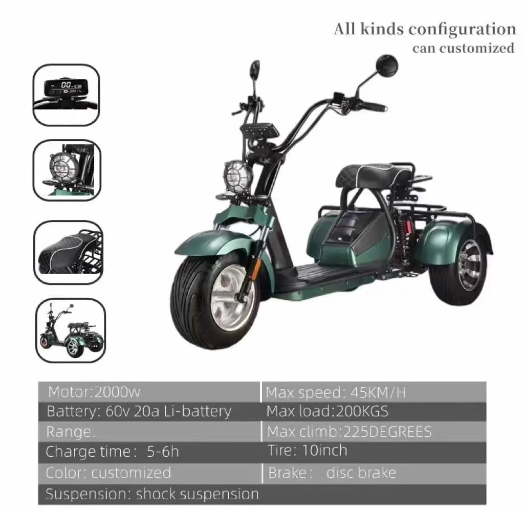 D185 Clark is hot selling Modern Style Fat Tire 60v Golf  Adult 3 Wheel Electric  Tricycle Citycoco with Pedals