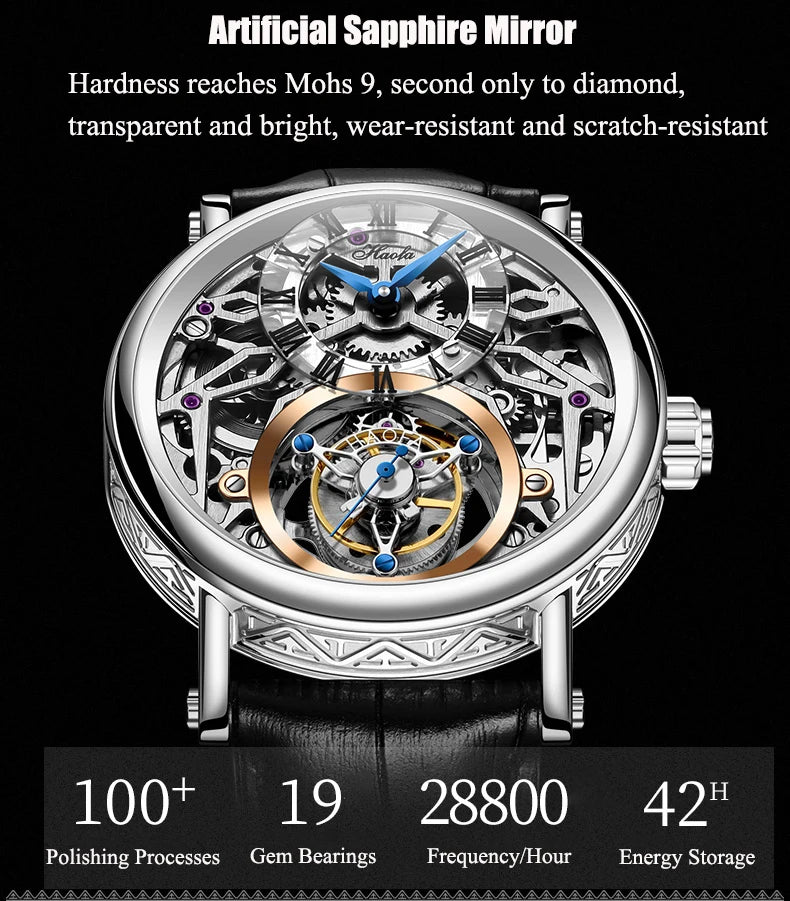 Haofa Tourbillon Watch for Men CNC Classical Texture Engraving Sapphire Manual Skeleton Movement Mechancial Watch Business 1602