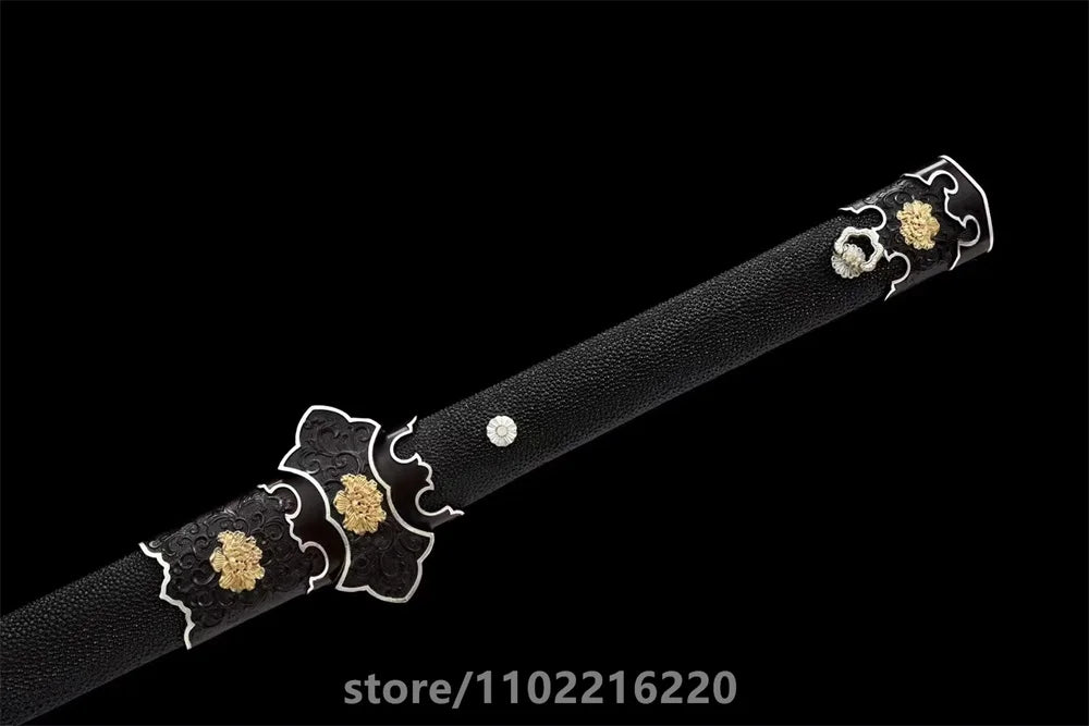 Premium Black Kungfu Battle Sword Damascus Steel Blade Sword Room Decoration Copper Gilded Fittings Wrap Real Rayskin Sheath