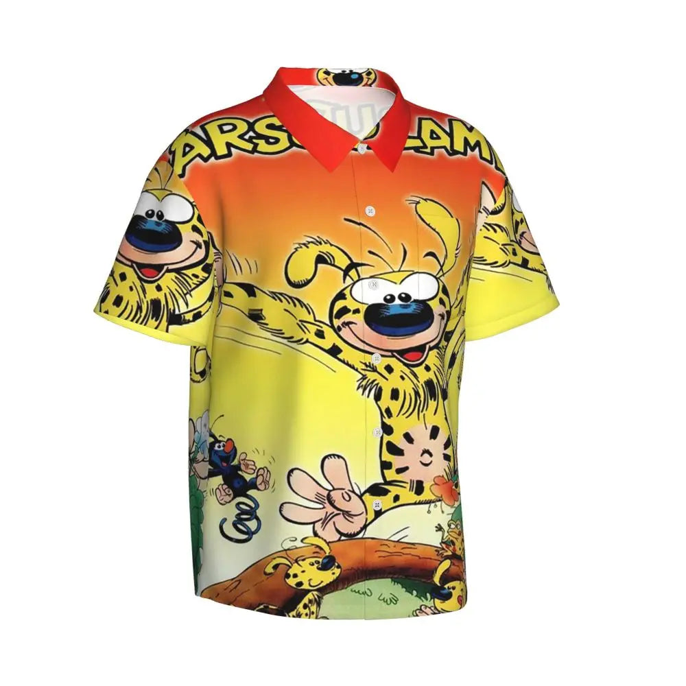 Art - Marsupilami Cartoon Anime Men's Shirts Hawaiian Short Sleeve Shirt Funny Button Tops for Summer Beach