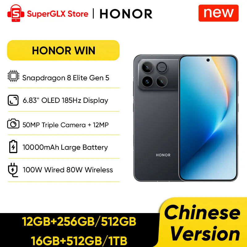 Original New HONOR Win Android Gaming Phone Snapdragon 8 Elite Gen 5 OTA 6.83" OLED 185HZ 50MP 10000mAh Battery 100W Charge IP69