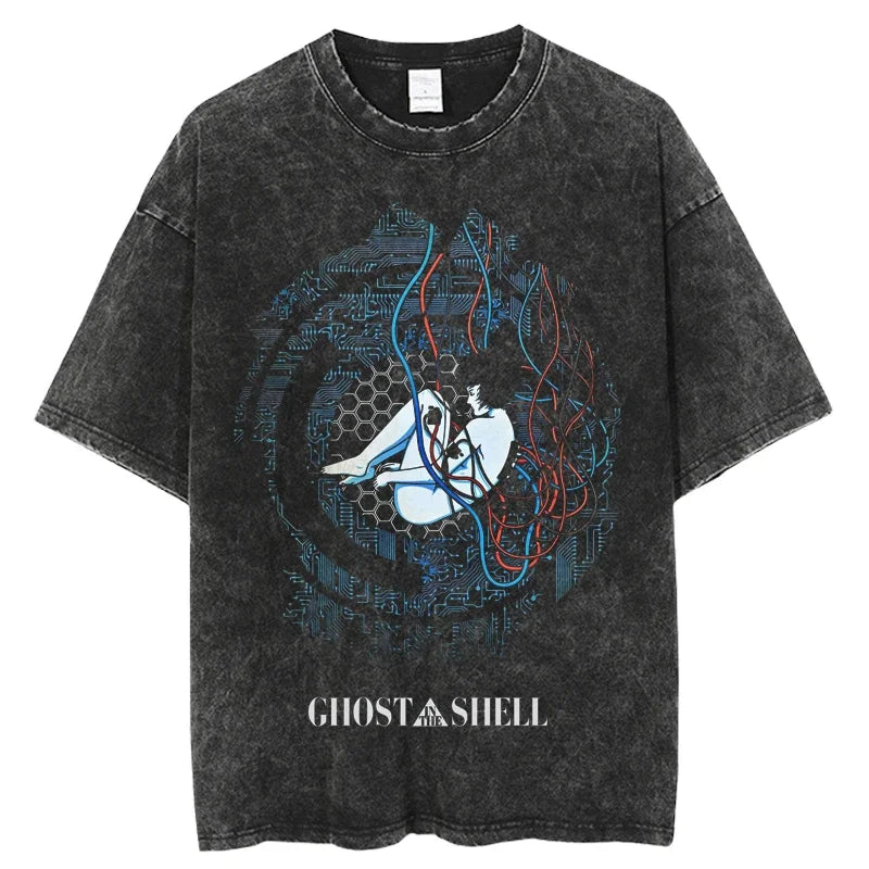 2024 Anime Ghost in the Shell Washed T-shirts Mens Clothing Graphic Manga Harajuku Tees Unisex Summer Top Male Streetwear