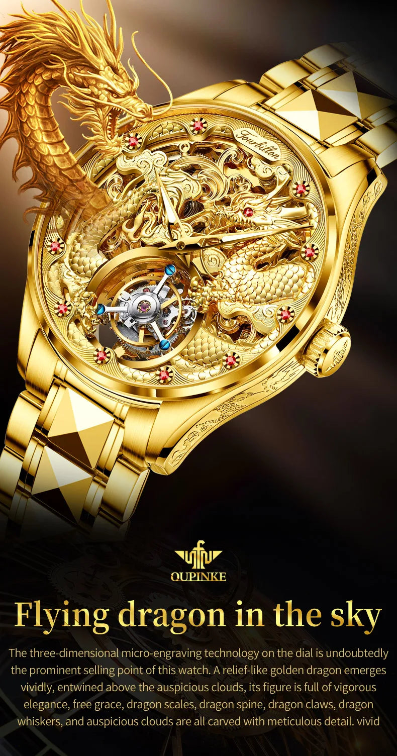 100% Golden Dragon OUPINKE 3176 True Tourbillon Watch Brand Luxury Tungsten Steel Men Automatic Mechanical Watch Reloj Hombre