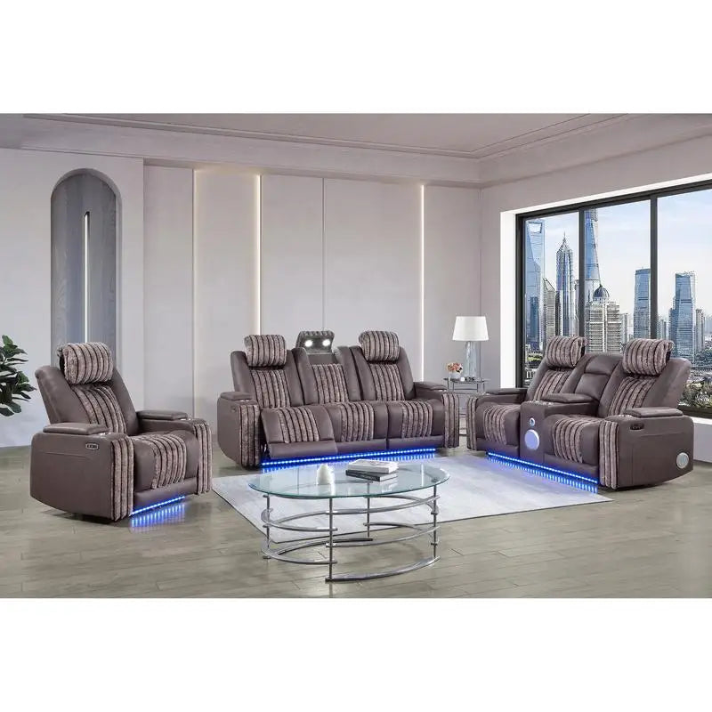 3-Piece Power Reclining Sofa Loveseat Recliner Set with Power Headrest LED Lights and More