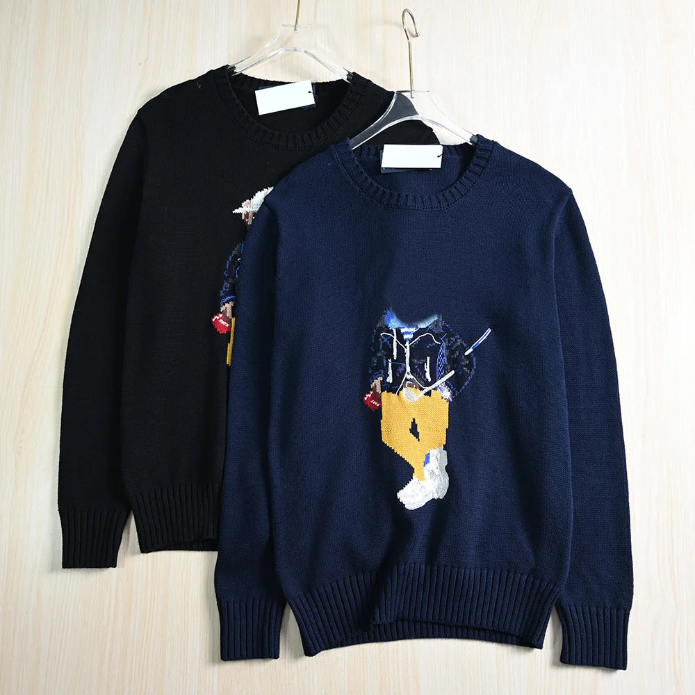 Couples Knitted Cotton Sweater Long Sleeve round Neck Thick Needlework Cartoon Bear Design Casual Youthful Style Cotton Knitwear