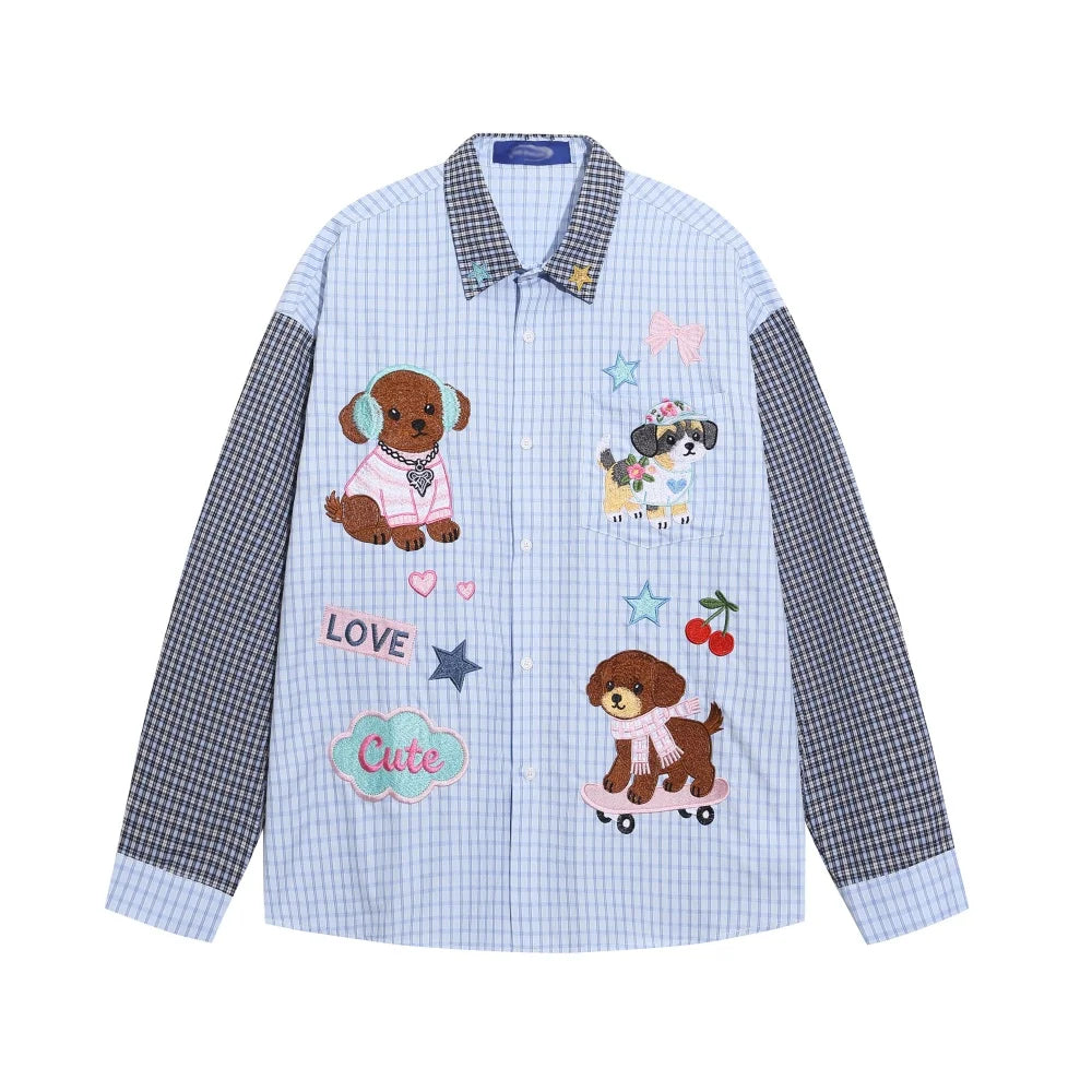 Plaid Patchwork Long Sleeve Shirts Mens Cartoon Embroidery Spring Retro Casual Loose Lapel Single Breasted Shirts Man