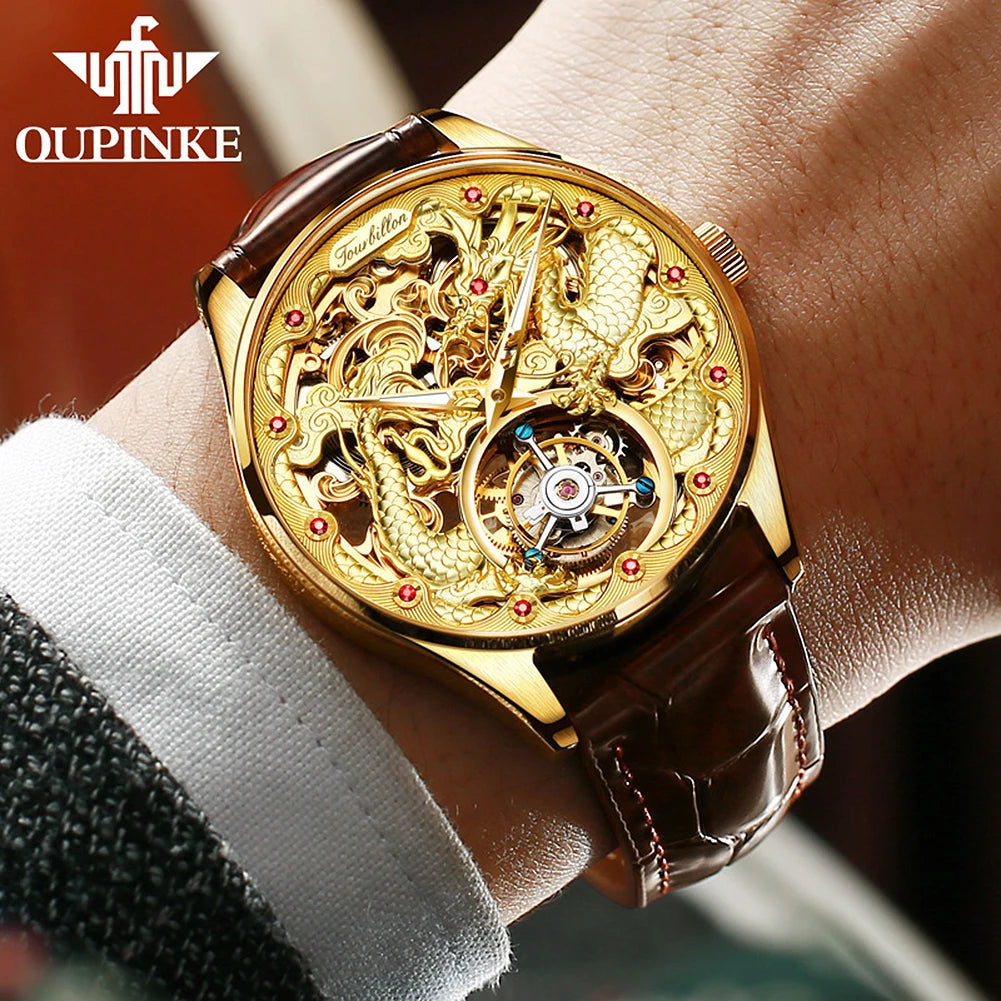 100% OUPNKE 3176 Authentic Tourbillon Men Watch Luxury 3D Relief Golden Dragon Watch Original Mature Automatic Mechanical Watch