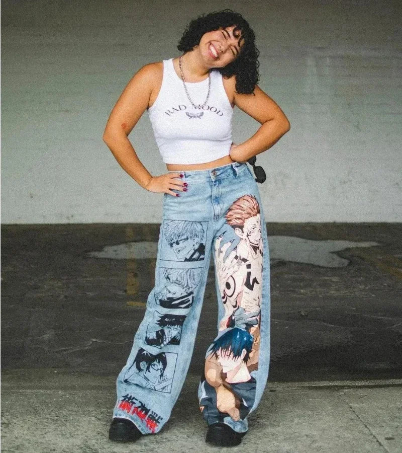 Hip Hop Y2K baggy jeans Anime  print pattern Vintage Streetwear fashion Harajuku men women high waisted Casual wide leg jeans