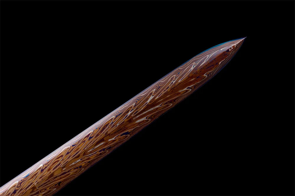 Very Good Chinese Jian Han-Jian Sword Handmade Feather Pattern Damascus Steel Blade Full Tang Ebony Sheath Copper Brass Fittings