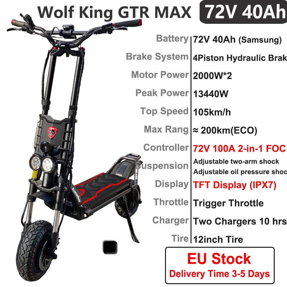 Kaabo Wolf King GTR Max 72V 40Ah 2*2000W Dual Motor Top Speed 105km/h TFT Display IPX7 4Piston Hydraulic Brake Electric Scooter