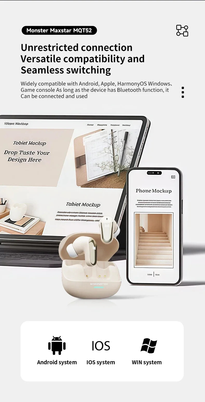 Monster MQT52 Gaming Headset TWS Wireless Bluetooth 5.4 HIFI Stereo Sound Earphones Talking Noise Canceling Earbuds with Mic