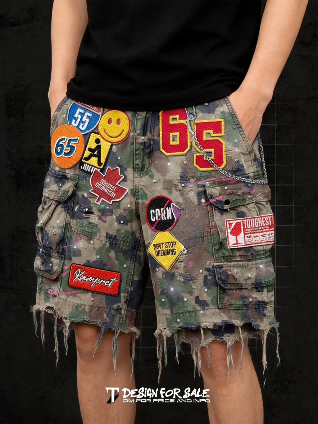 Hip Hop Retro Camo Patchwork Denim Shorts Streetwear Y2K Jeans Men Women Cartoon Graphics Loose Denim Fitness Casual Shorts
