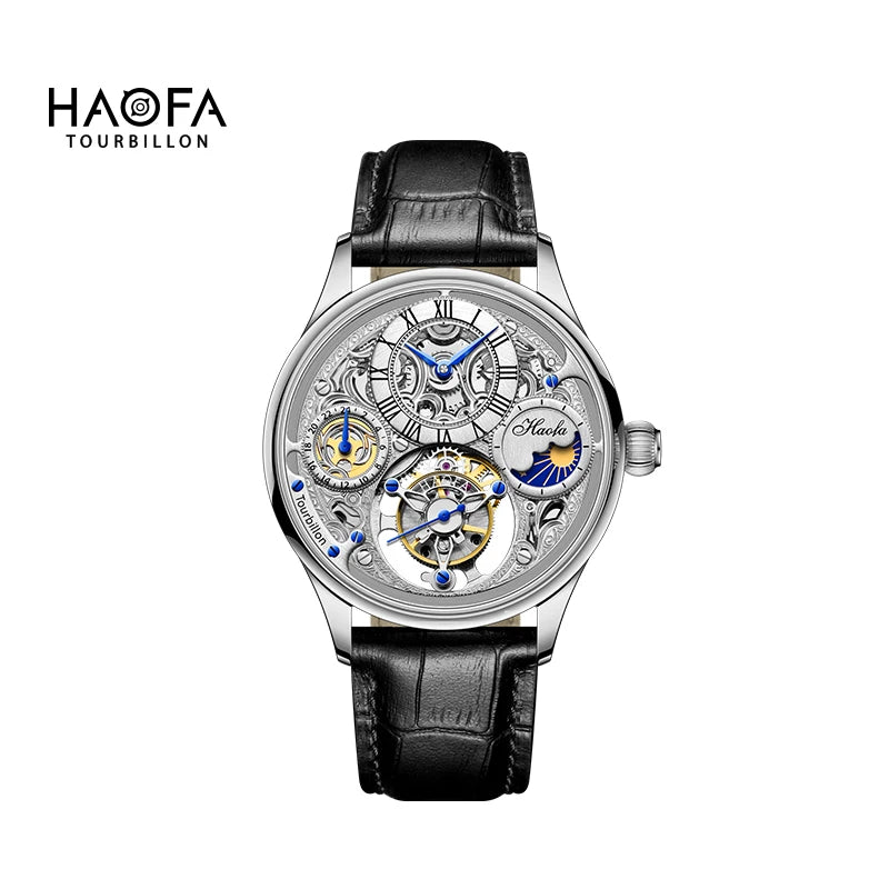 Haofa GMT Flying Tourbillon Mechanical Man Watch Skeleton Tourbillon Movement Luxury Moon Phase Watches for man Hollow 1035