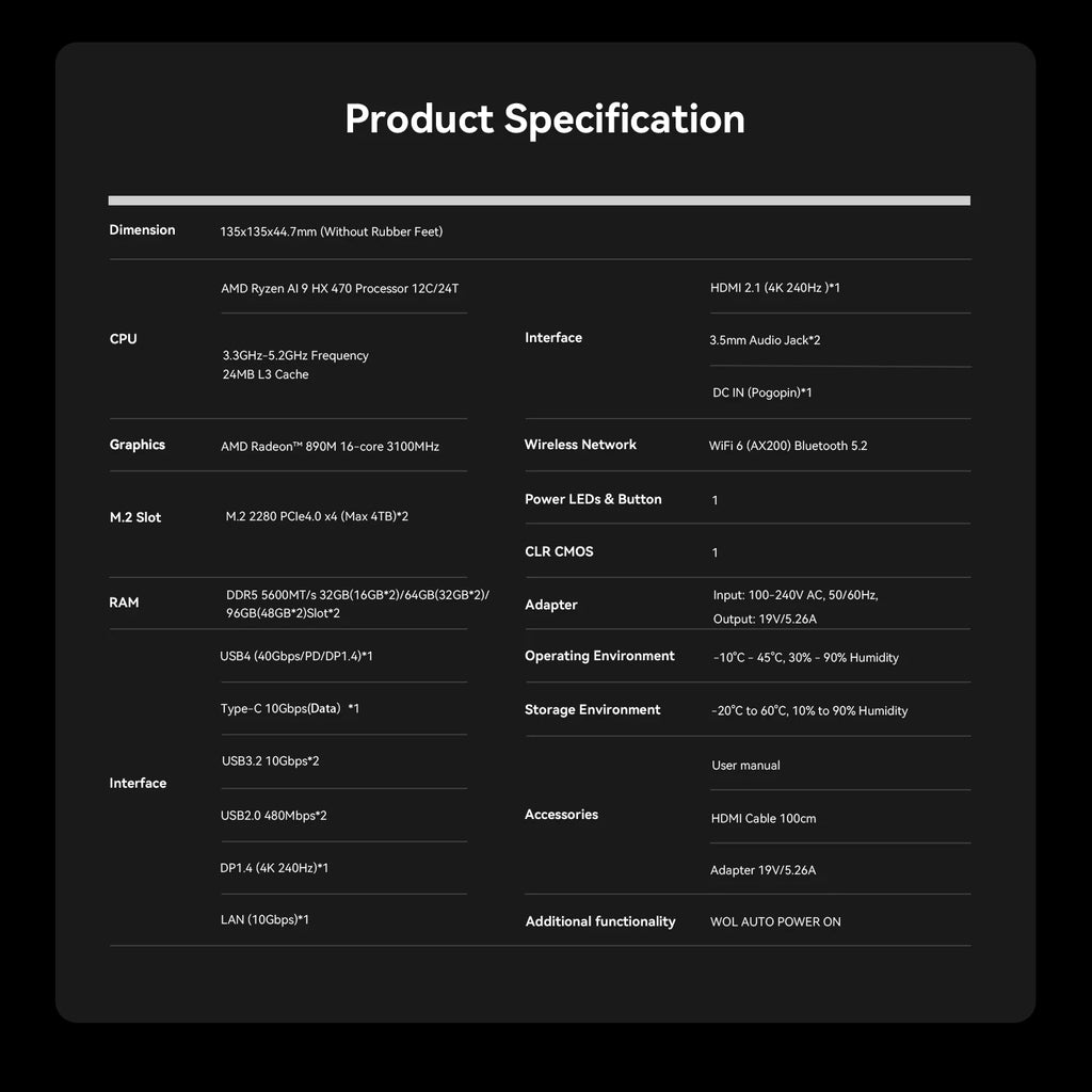 Beelink SER10 Max Mini PC AMD Ryzen AI9 HX 470 12C 24T 86TOPS Radeon 890M Gaming Desktop USB4 4K 240Hz 10G LAN AI PC 3Y Warranty
