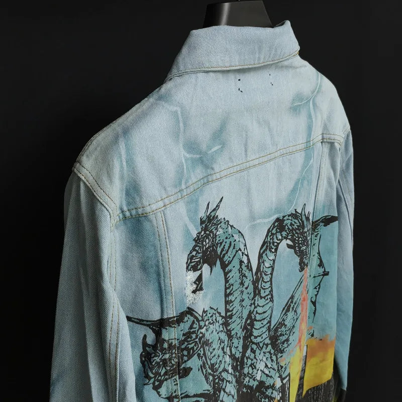 HKSH Spring Autumn New Men Tide Punk Vintage Three-Headed Dragon Denim Jacket High Street Luxury Fashion Versatile Coats HK17707