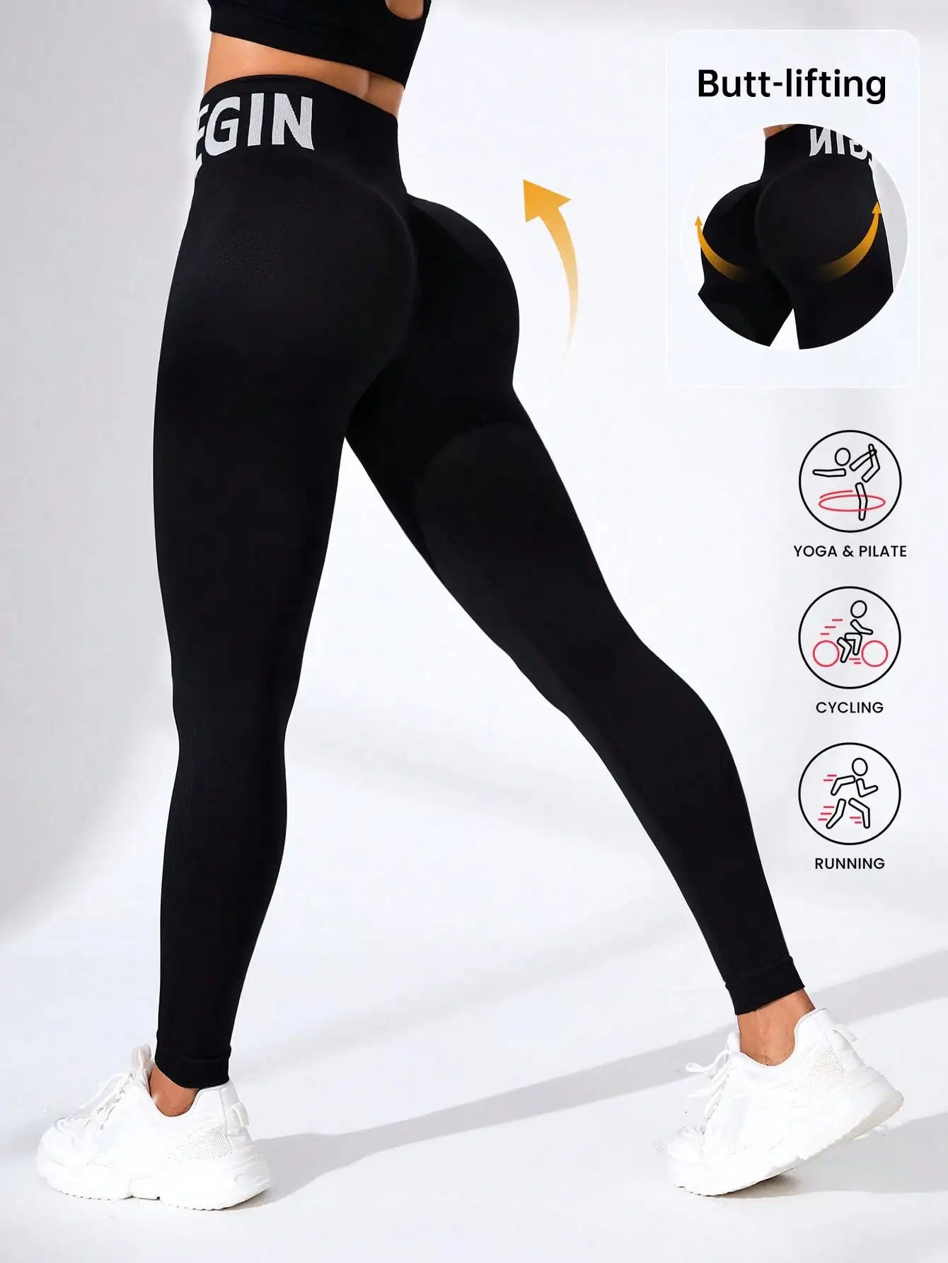 European and American Seamless Yoga Leggings with Waistband Lettering, Butt-Lifting, Quick-Dry Women's Breathable Tights for Pea