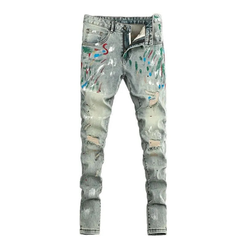 High Street Fashion Men Jeans Retro Washed Blue Stretch Slim Fit Ripped Jeans Men Painted Designer Vintage Denim Pencil Pants