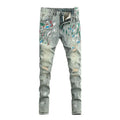 High Street Fashion Men Jeans Retro Washed Blue Stretch Slim Fit Ripped Jeans Men Painted Designer Vintage Denim Pencil Pants