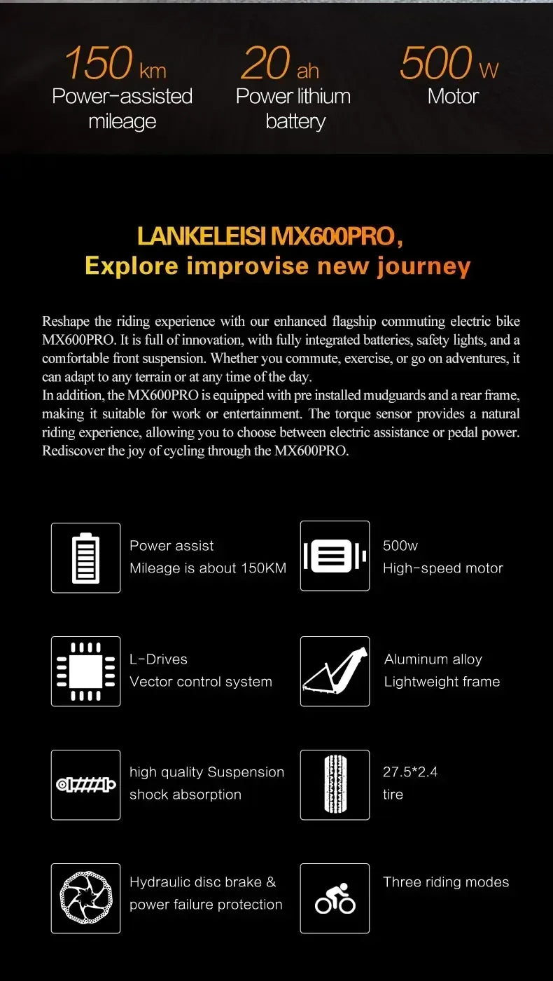 MX600 Electric Bicycle 500W motor Mountain e-bike 48V 20Ah battery 40km/h 27.5 inch tire Mountain rubber Sports Electric bike
