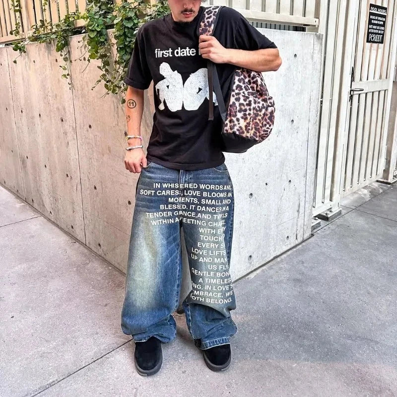 Deeptown Vintage Letter Print Women Man Jeans Y2k Harajuku Washed Wide Leg American Style Denim Pants Baggy Hip Hop Streetwear