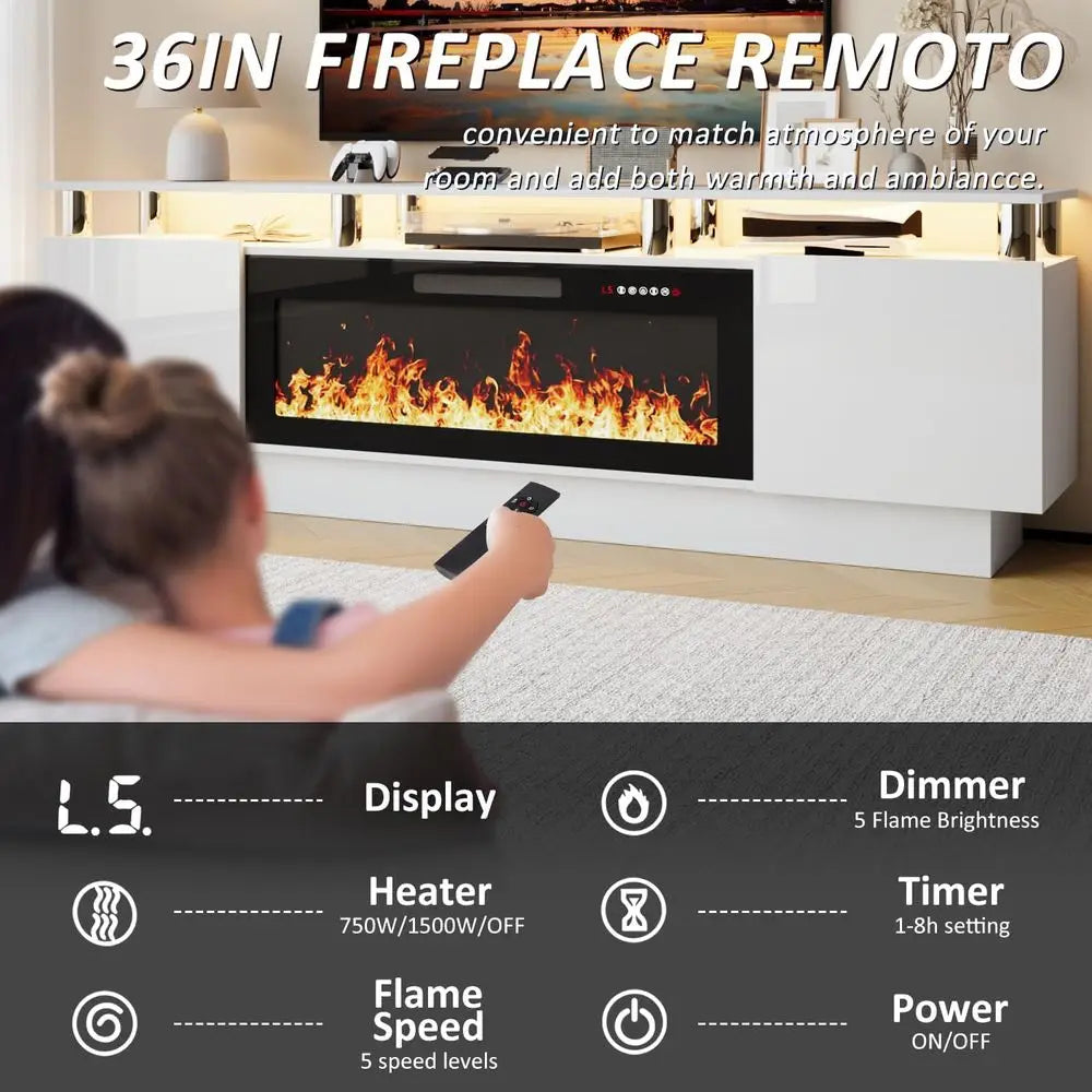 70-80 Inch TV Stand with 36 Electric Fireplace, Entertainment Center, LED Lights for Living Room