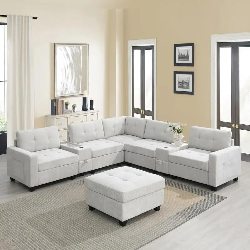 104" Sectional Sofa with Acrylic Tabletop, Chenille U-Shaped Couch Set, 2 Consoles, USB Charger, Storage Drawers, Pockets,