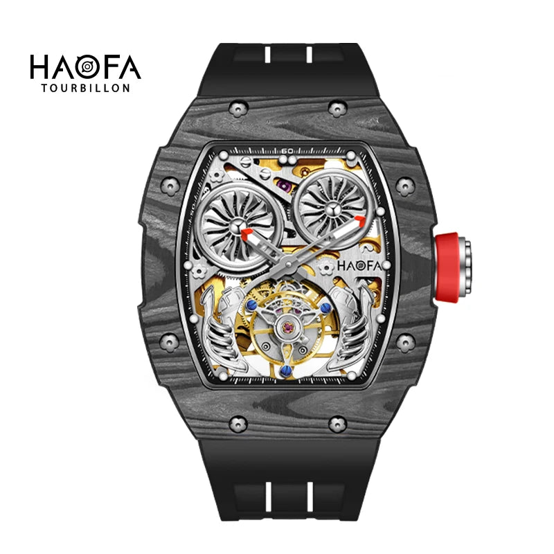 Haofa Carbon Fiber Tourbillon Mens Watch Double Spring Diver Automatic Mechanical Watches for Men Sapphire Luxury Business 1922