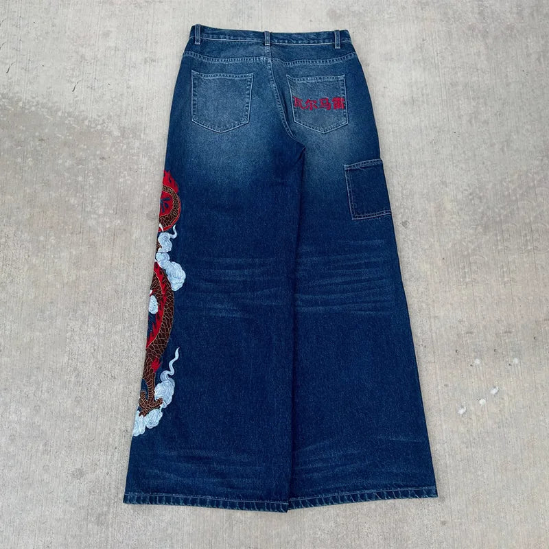 Y2K baggy Jeans Dragon Graffiti Embroidery High Waist Men Women Vintage Streetwear 2000s Harajuku Casual Loose Wide Leg Jeans