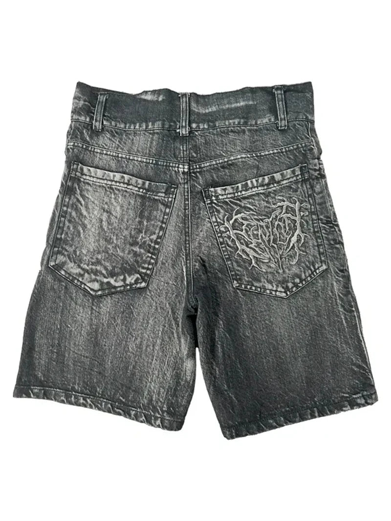 Goth Retro Men Baggy Unisex Short Pants Y2K Phantom Jeans High Street Spider Embroidered Patch Hip Hop Streetwear Straight Jeans