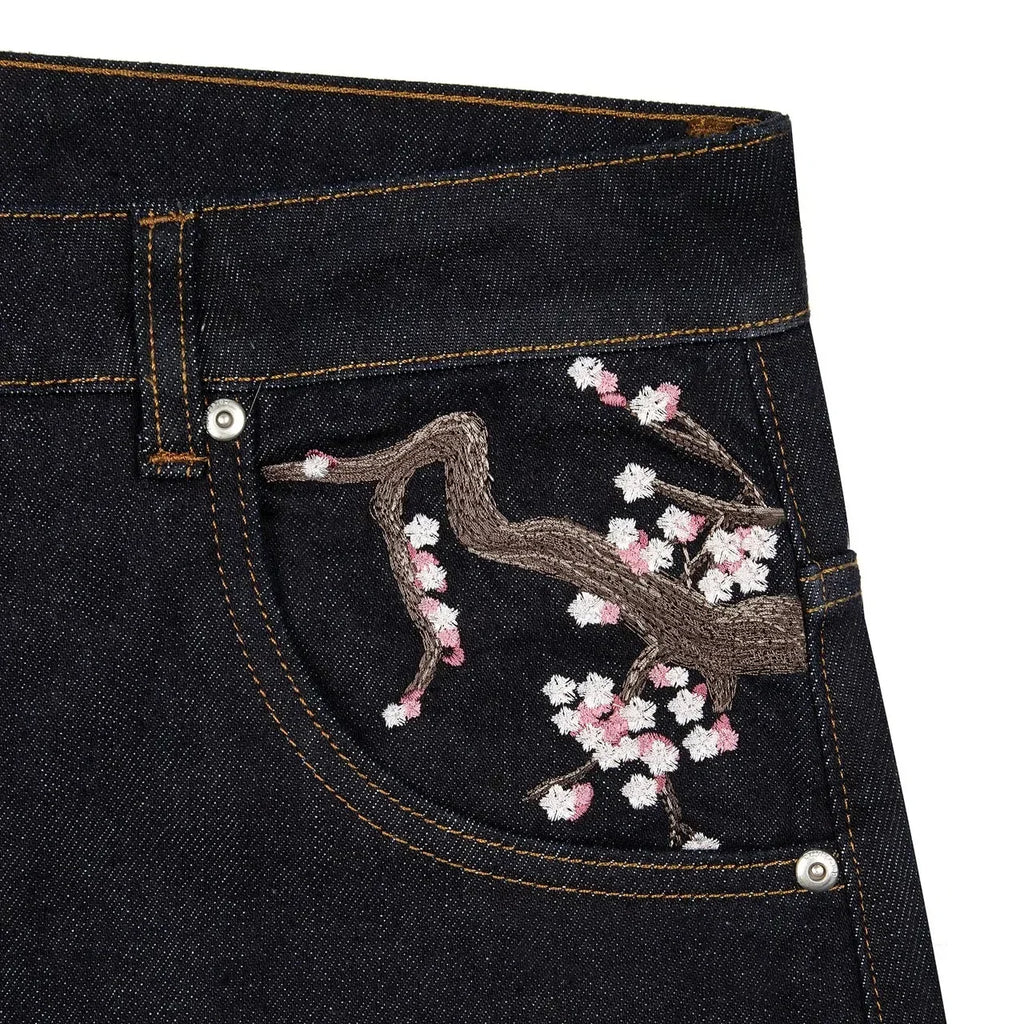 Y2K Japan Cherry Blossom Knight Embroidery Black Baggy Jeans Men High Street Vintage Hip Hop Fashion Couple Wide-leg Denim Pants
