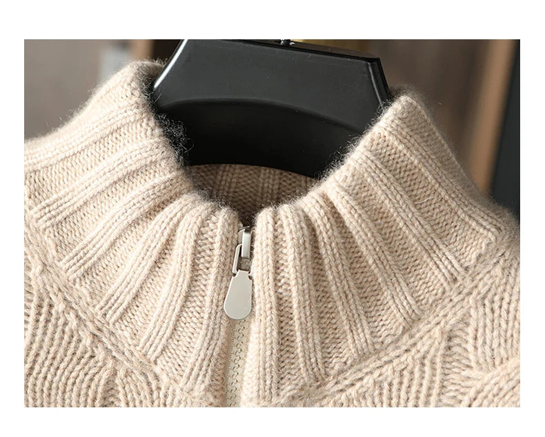 Men's 100% Pure Cashmere Knitting High Neck Cardigan Zipper Thickened Coat Fashion Old Money Style Big Fried Dough Twist Design