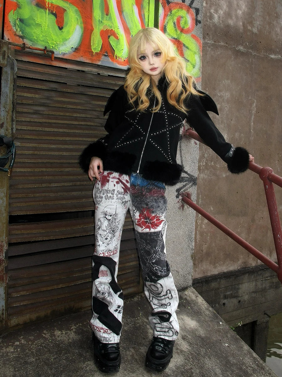 REDDACHiC Anime Graffiti Wide Leg Jeans Street Grunge Remake Paint-Splattered Straight High Waist Denim Pants Gyaru Y2k Bottoms