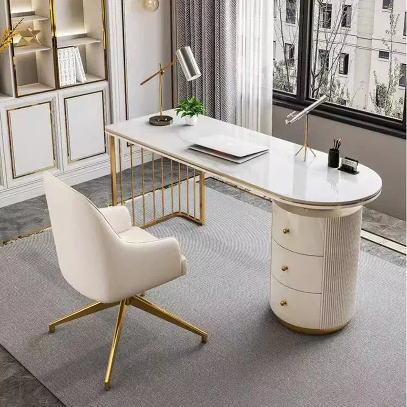 Modern White Executive Office Desk Wooden Computer Table with Gold Metal Legs Home Office Study Writing Workstation