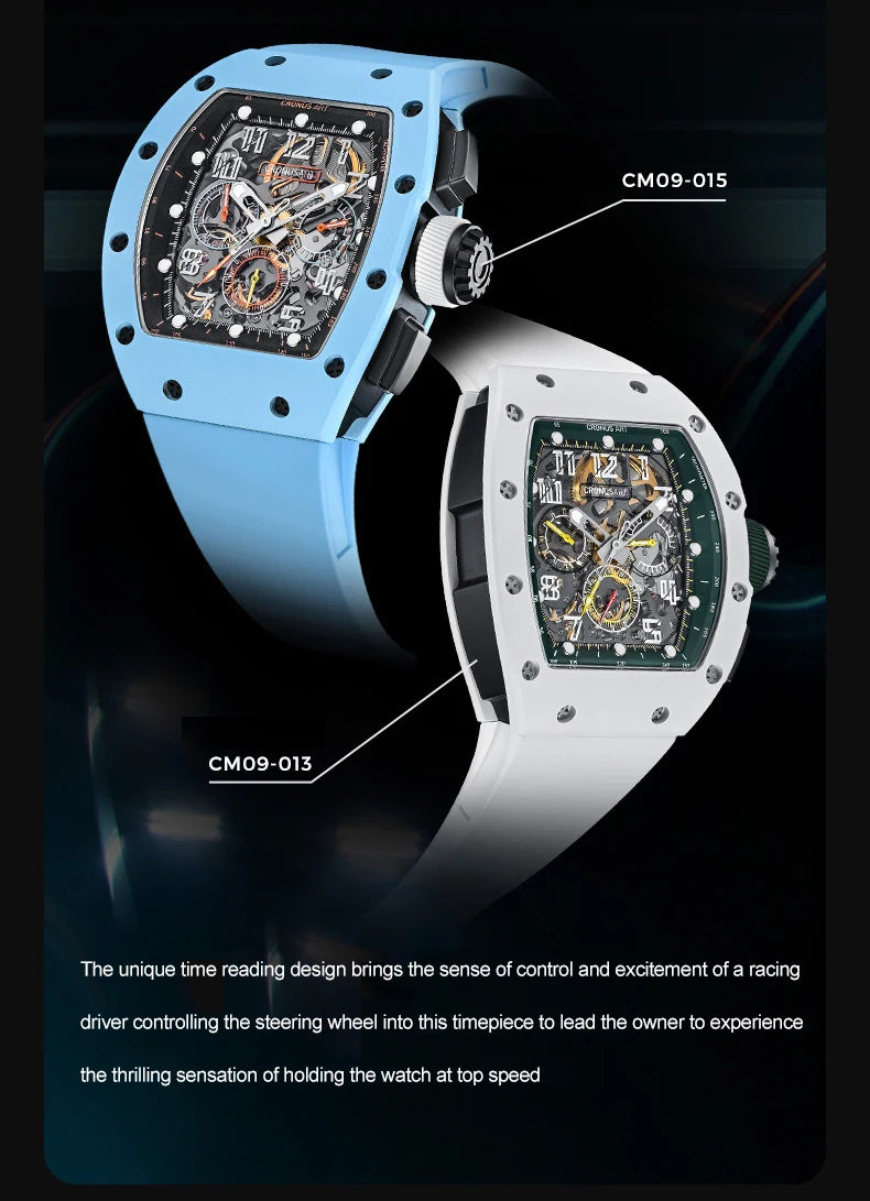CRONUSART Men Chronograph Watch Tonneau Automatic Mechanical Wristwatch Sapphire Mirror Luminous FKM Strap Skeleton Dial