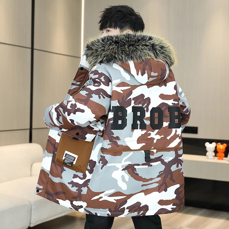 Fashion Mid-Length Camouflage Warm Parkas Winter Men's High Street Wear Windproof Hooded Plush Jackets Outdoor Thick Fleece Coat