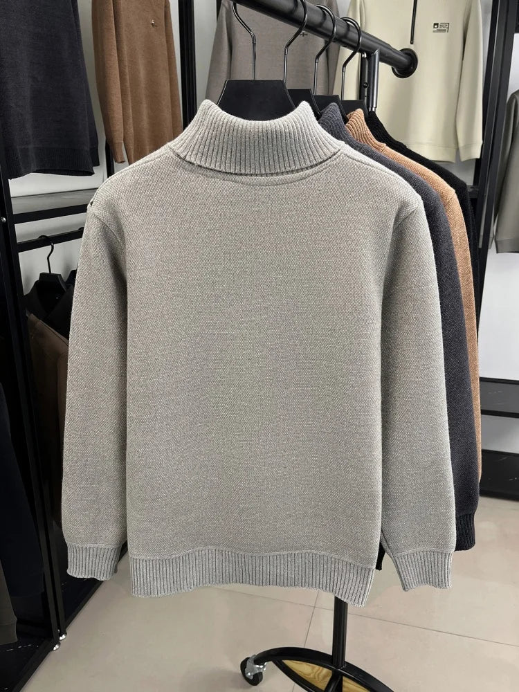 Light luxury men knitted high neck sweater new trend brand cartoon bear embroidery soft plush thicken casual versatile pullover