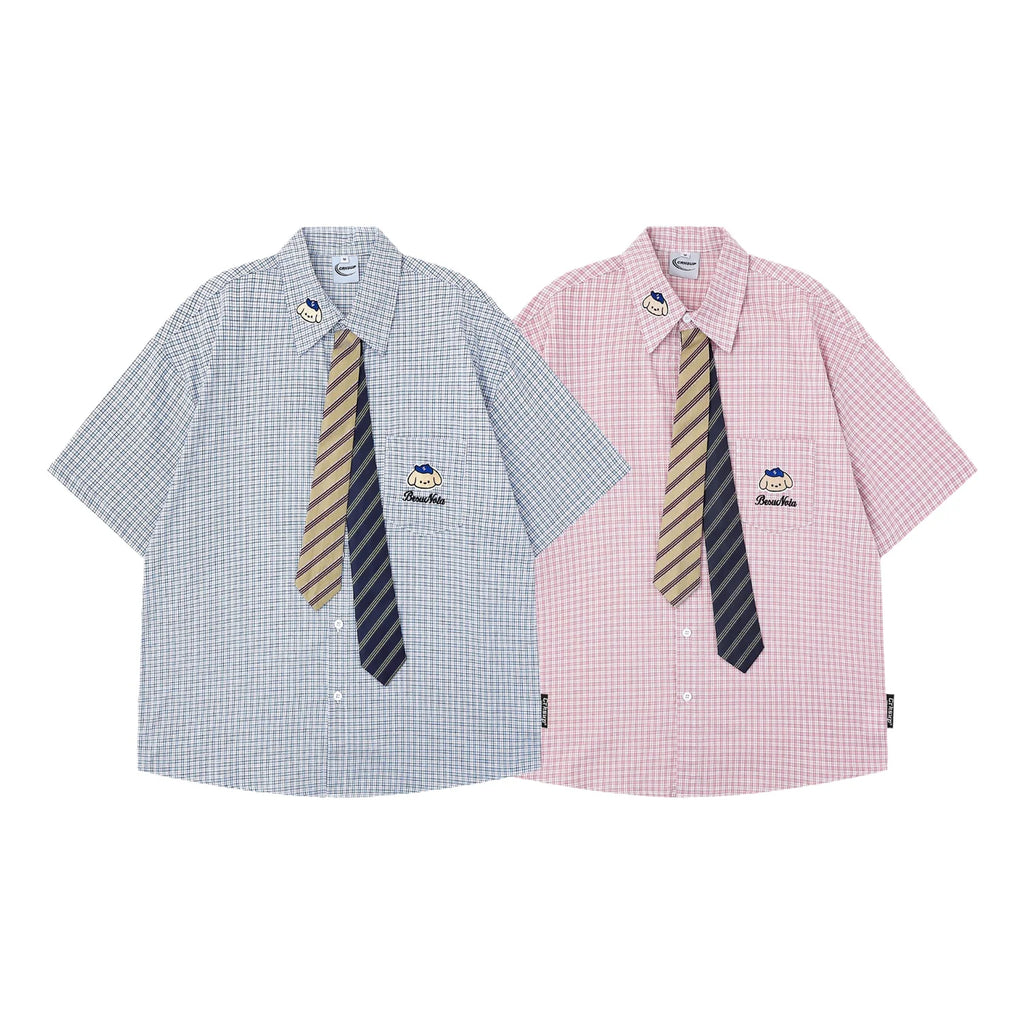 Retro Japanese Cartoon Dog Embroidery Plaid Double Collar Design Short Sleeve Cotton Shirt for Men And Women Couple Style Cas...