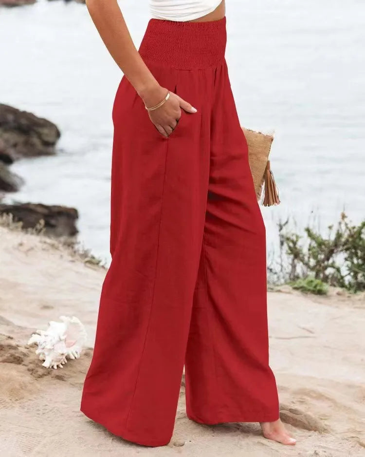 Women's casual pants with drawstring, mid waist, beach wide leg, spring and summer, European and American pants