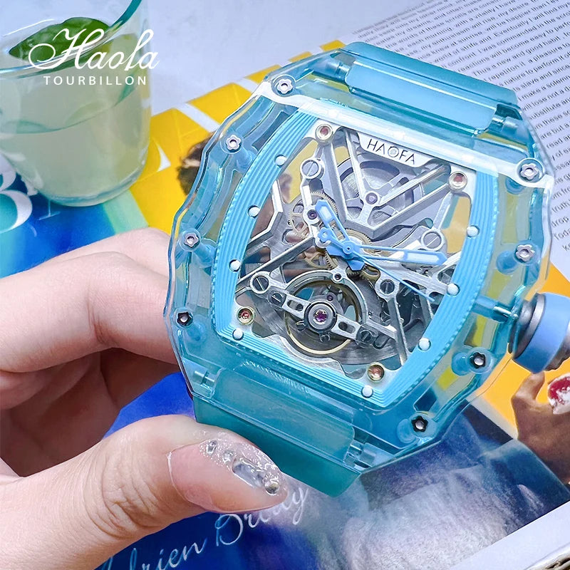Haofa Crystal Case Automatic Man Watch 72H Power Model Skeleton Dial Self Wind Mechanical Movement Wristwatch Luxury 2203
