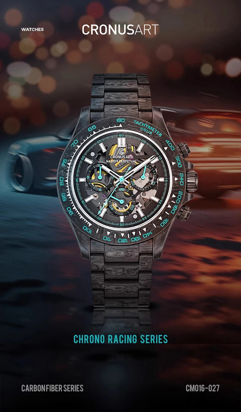 CRONUSART Men Chronograph Watch 42mm Automatic Mechanical Wristwatch Carbonfiber Case & Bracelet Luminous Sapphire Skeleton Dial