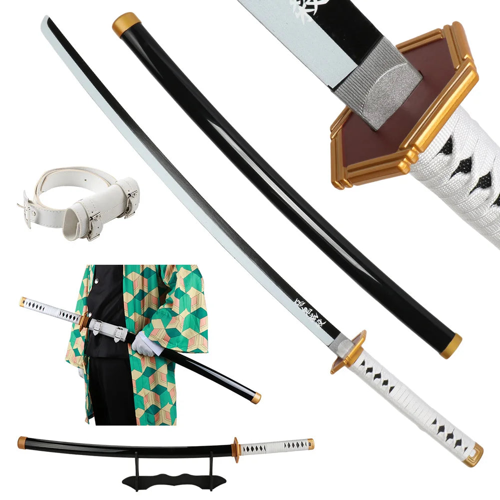 104cm Anime Slayer Katana Sword Kimetsu no Yaiba Wooden Cosplay Anime Weapons Sword Toy Katanas with Display Stand and Belt