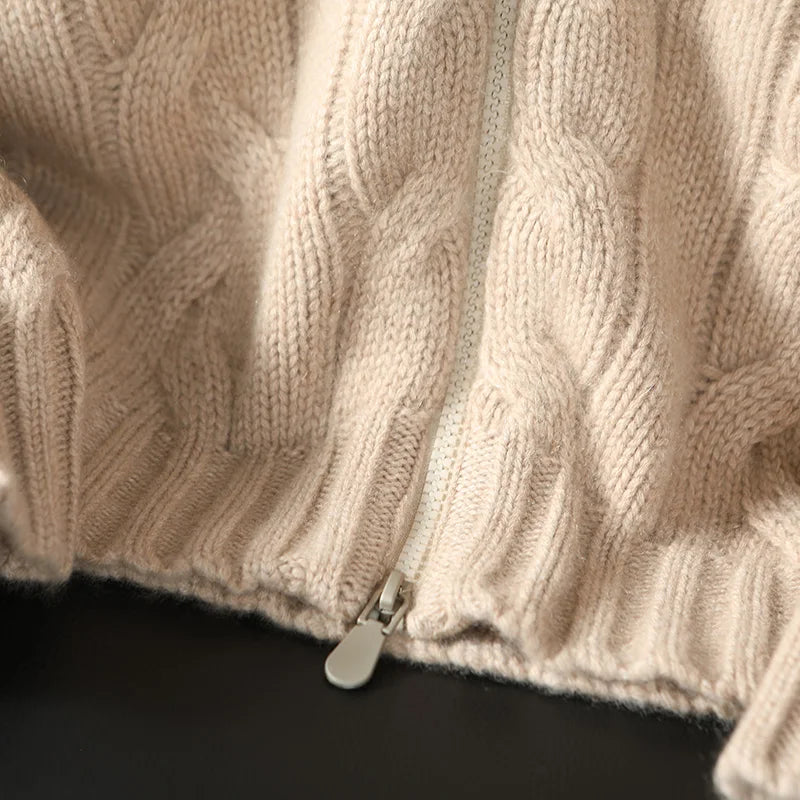 Men's 100% Pure Cashmere Knitting High Neck Cardigan Zipper Thickened Coat Fashion Old Money Style Big Fried Dough Twist Design