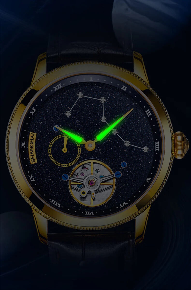 Shanghai Watch Carousel Manual Winding Mechanical Watches Luxury Men's Wristwatch Rotating Dial Luminous Waterproof Watch 6813J