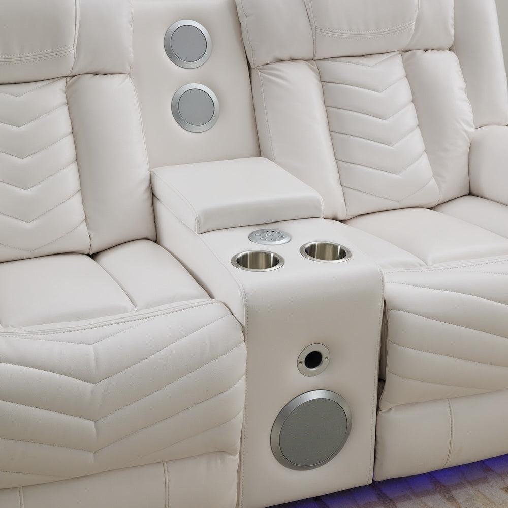 Power Reclining Sofa Set, 3-Piece Tech Leather Loveseat with Wireless Charger and LED Strip for Living Room, White Color