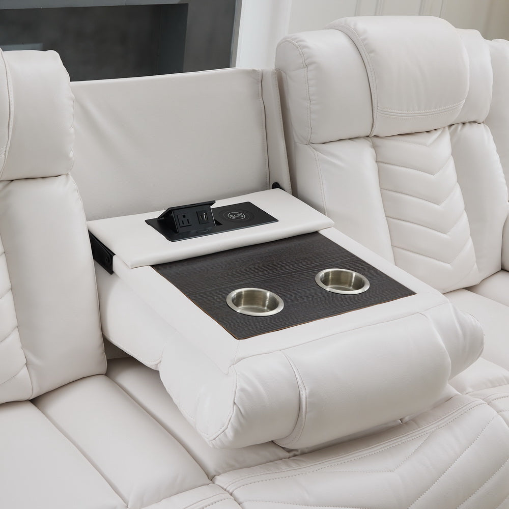 Power Reclining Sofa Set, 3-Piece Tech Leather Loveseat with Wireless Charger and LED Strip for Living Room, White Color