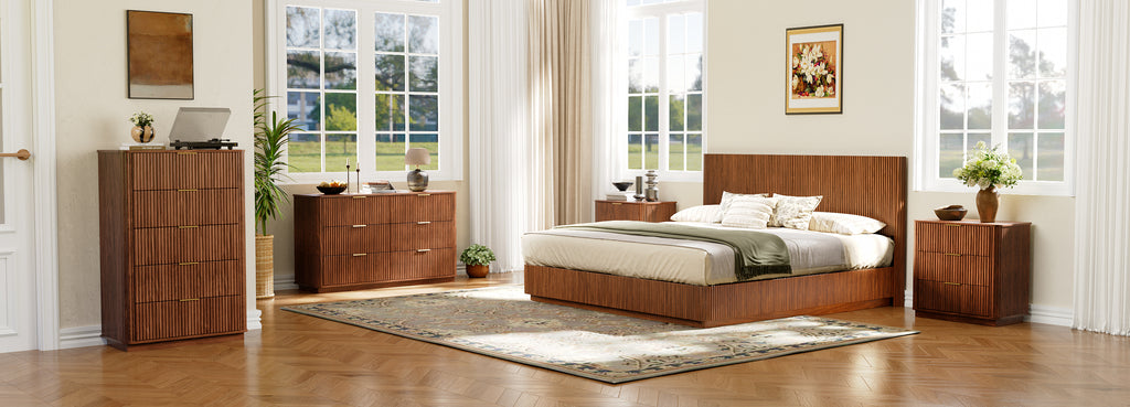 Kind Size Bed Frame with LED Lights, Modern Wooden Corrugated Curved Lines, Convex Groove Board Design, Walnut.