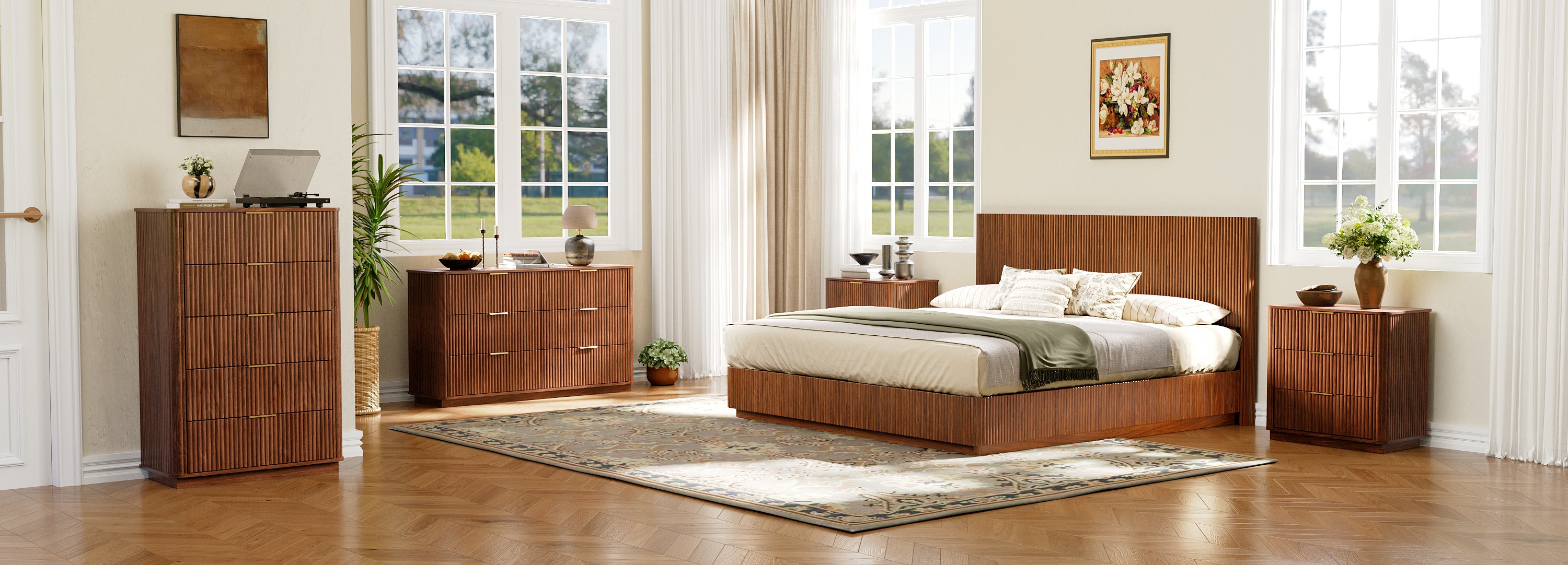 Kind Size Bed Frame with LED Lights, Modern Wooden Corrugated Curved Lines, Convex Groove Board Design, Walnut.