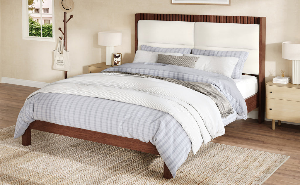 Solid Wood Queen Size Platform Bed Frame with Beige Velvet Upholstered Headboard, Espresso, No Box Spring Needed