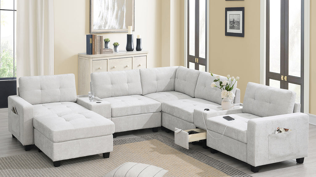 104" Sectional Sofa with Acrylic Tabletop, Chenille U-Shaped Couch Set, 2 Consoles, USB Charger, Storage Drawers, Pockets,